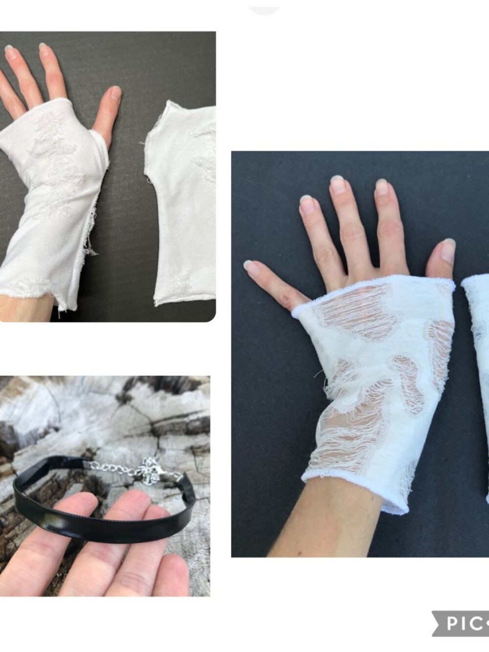 BUNDLE DEAL! 3 Mummy Fingerless Gloves White Cuffs Ripped Black Choker Necklace